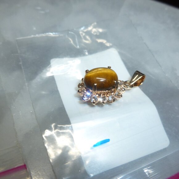 18K Gold Electroplate Tiger's Eye Swarovski Crystals Pendant - Picture 3 of 16